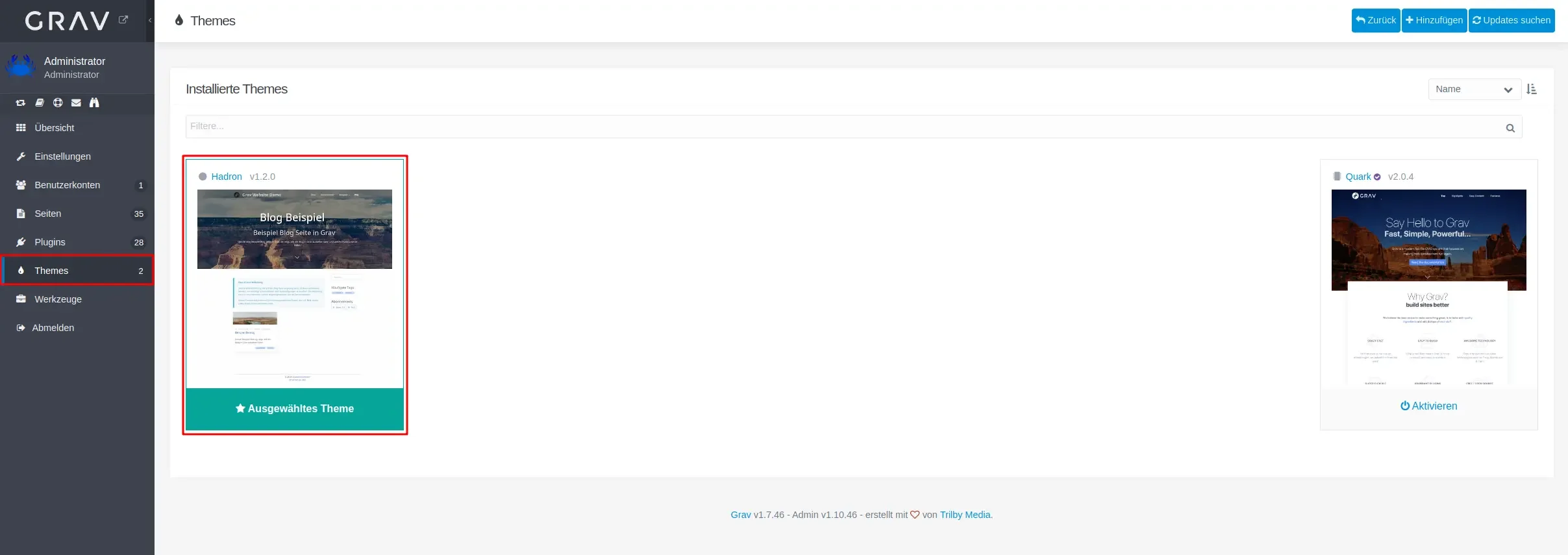 Hadron in Admin Panel
